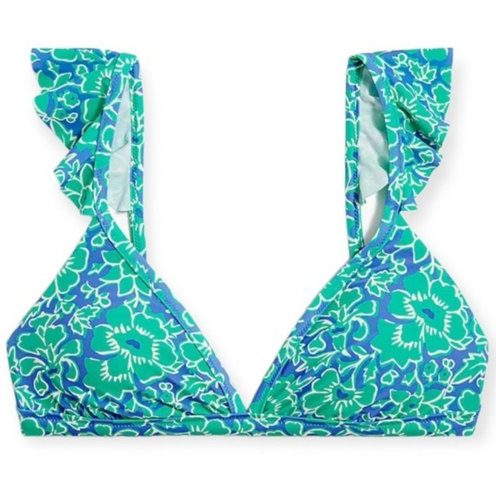 *J. CREW* Blue x Green Floral Ruffle Bikini Top NWT Size Large - Picture 4 of 11